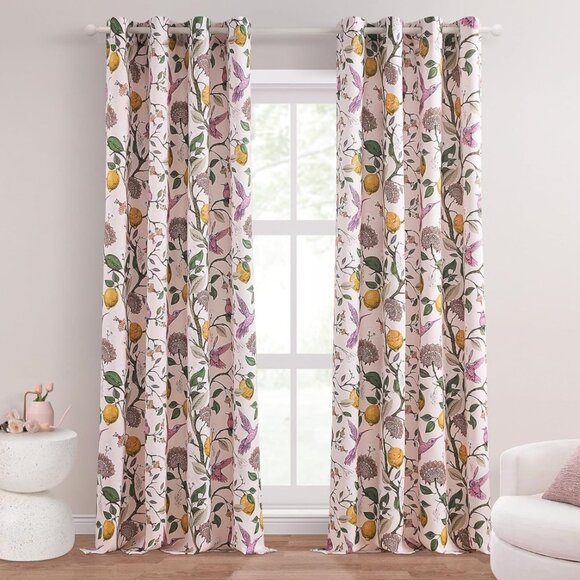 Floral Lemon Hummingbird Curtains Patterned Waverly Mid-Century Style - Picture 2 of 7